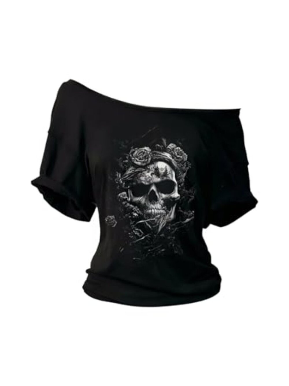 Womens Goth Graphic Off Shoulder T Shirt Y2k Asymmetrical Tee